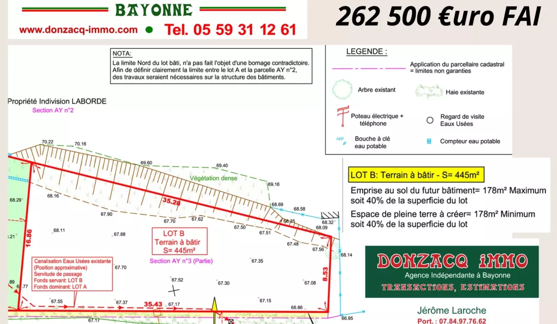 Bassussarry - Vue sur les montagnes pour ce joli terrain plat plein sud de 455 m² à viabiliser, 178 m² d’emprise au sol, possibilité R+1.  